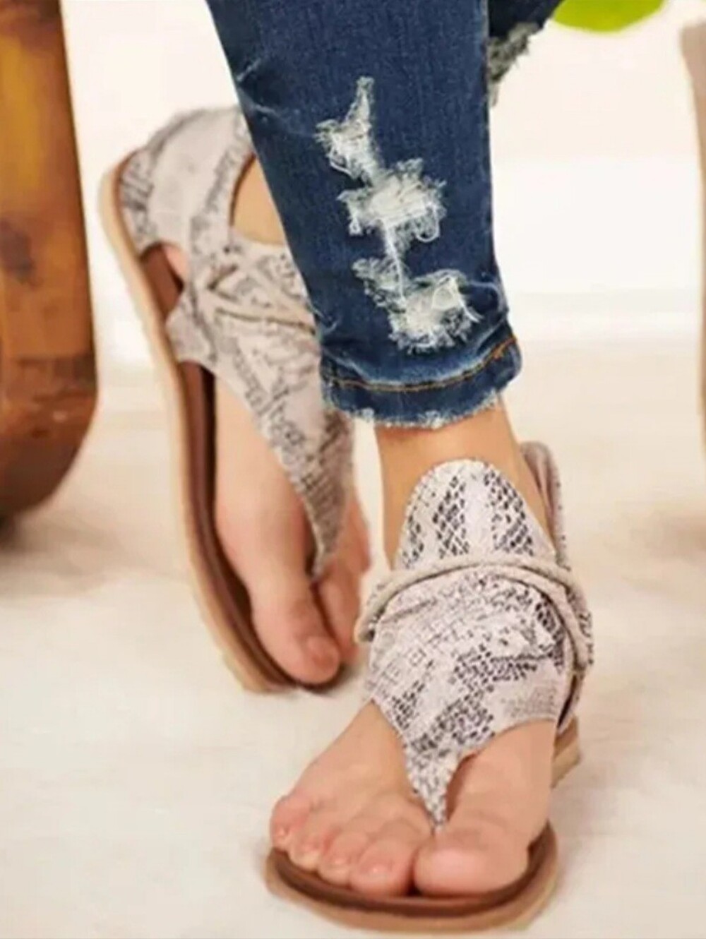 Very G Snake-Print Taupe Beige Thong Sandals